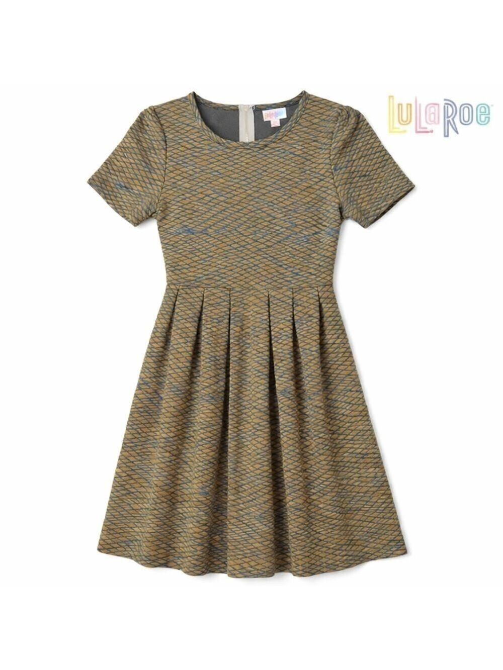 NWT Lularoe Amelia Fit Pleated Dress Blue & Tan Geometric Zip Back Size XS